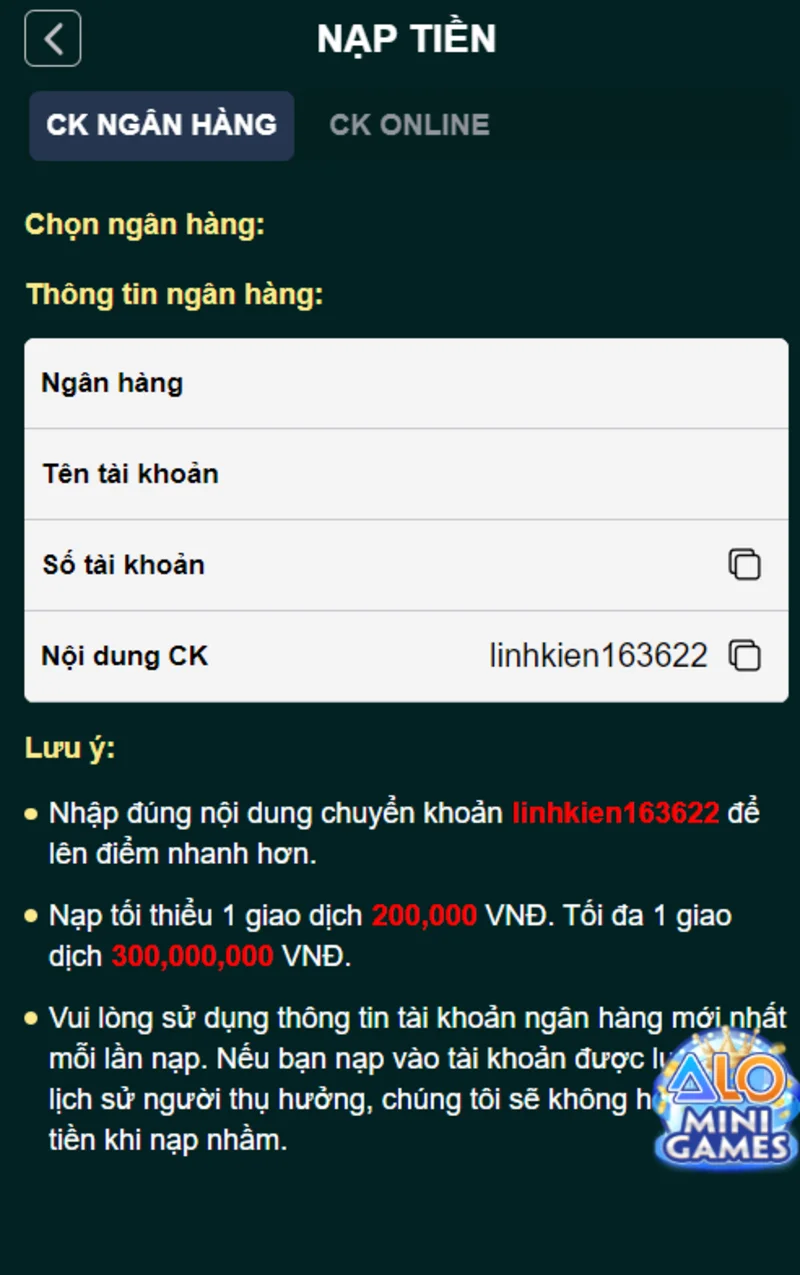 Điền đầy đủ các thông tin ở mục nạp tiền alobet88 như yêu cầu